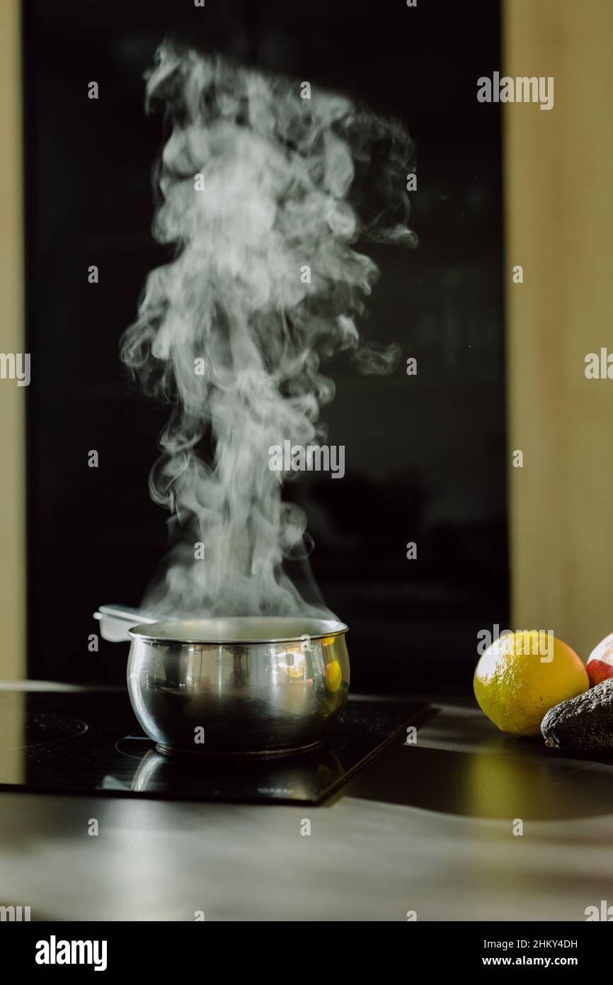 Vertical shot of vegetables near the saucepan on an electric stove with the steam coming out from it Stock Photo