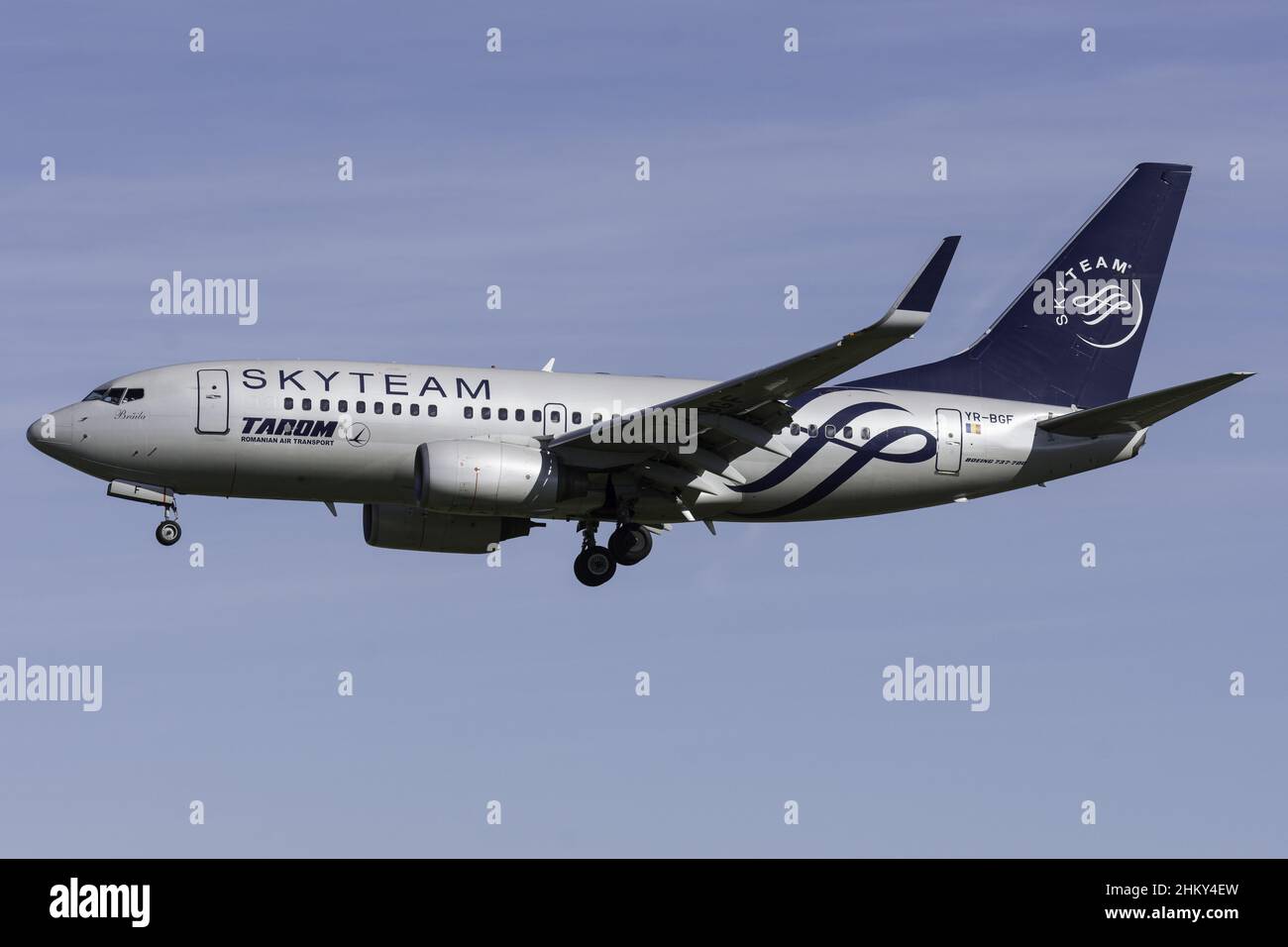 Closeup shot of a YR-BGF Boeing 737-78J Tarom in the sky Stock Photo ...