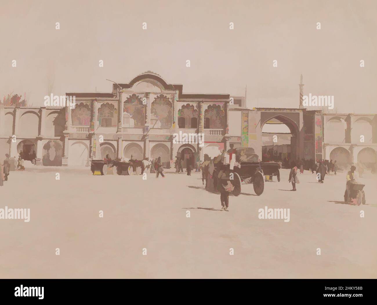 Art inspired by Royal Bank, building, Tehran, View of a beautifully decorated building in a square with people and carriages., Antoine Sevruguin, (attributed to), Iran, c. 1880 - c. 1910, paper, albumen print, height 147 mm, width 205 mm, Classic works modernized by Artotop with a splash of modernity. Shapes, color and value, eye-catching visual impact on art. Emotions through freedom of artworks in a contemporary way. A timeless message pursuing a wildly creative new direction. Artists turning to the digital medium and creating the Artotop NFT Stock Photo