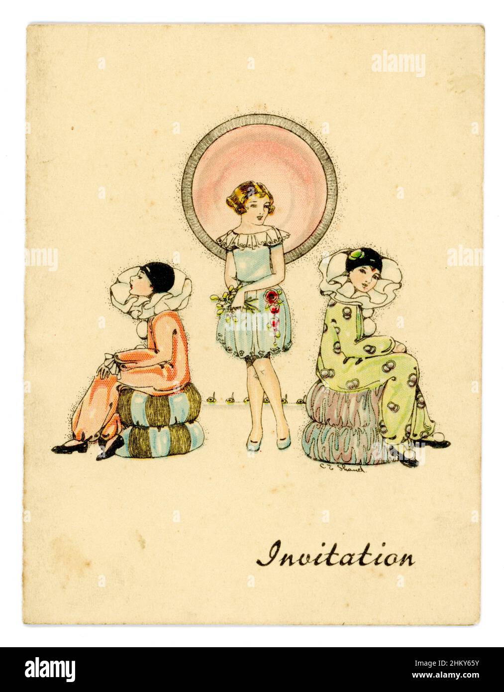 Original 1920's party invitation of young girl in bob hairstyle wearing a party frock, her 2 friends are dressed in fancy dress Pierrot costumes in Art Deco style - illustration by a British illustrator. Stock Photo