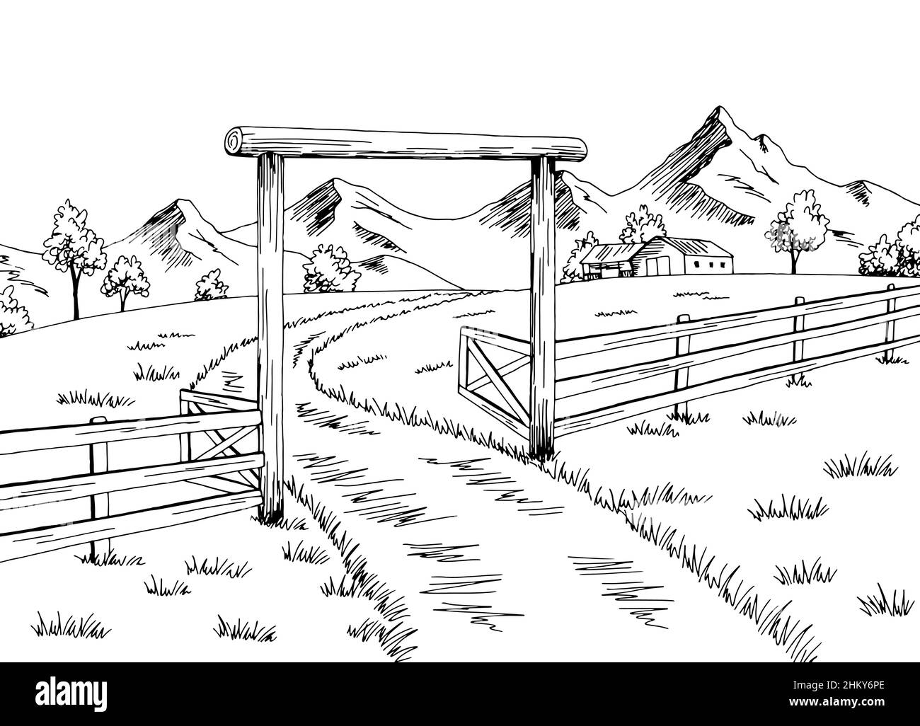 Farm gate graphic black white landscape sketch illustration vector Stock Vector
