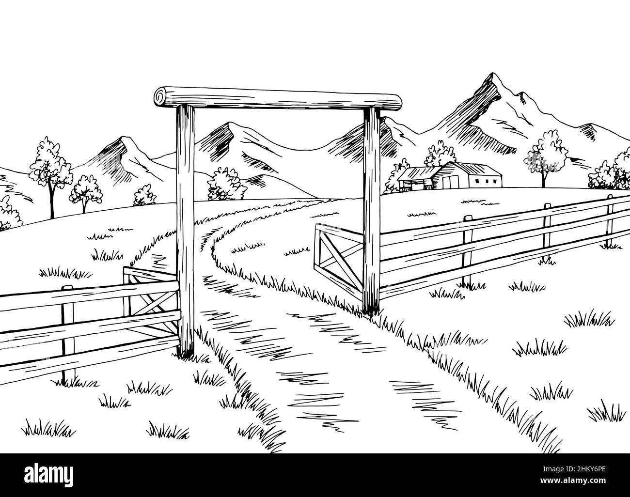 Farm gate graphic black white landscape sketch illustration vector