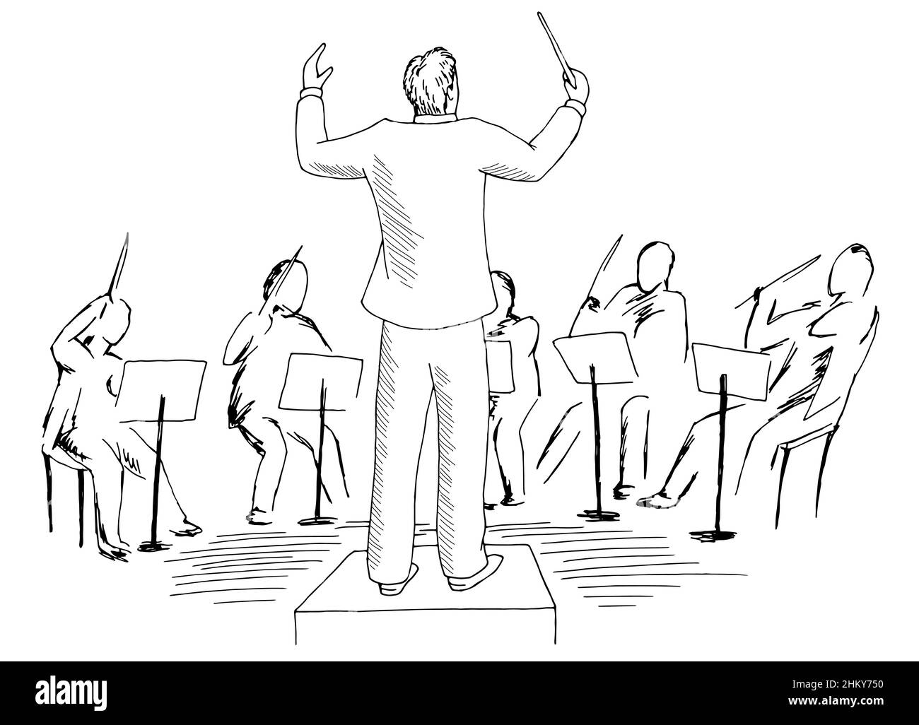 Conductor directs the orchestra graphic black white sketch illustration vector Stock Vector