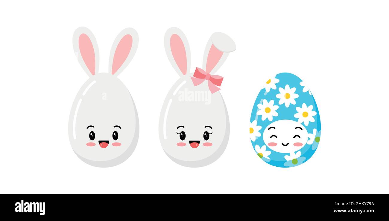 Easter cute eggs with bunny ears and flower character set isolated on ...
