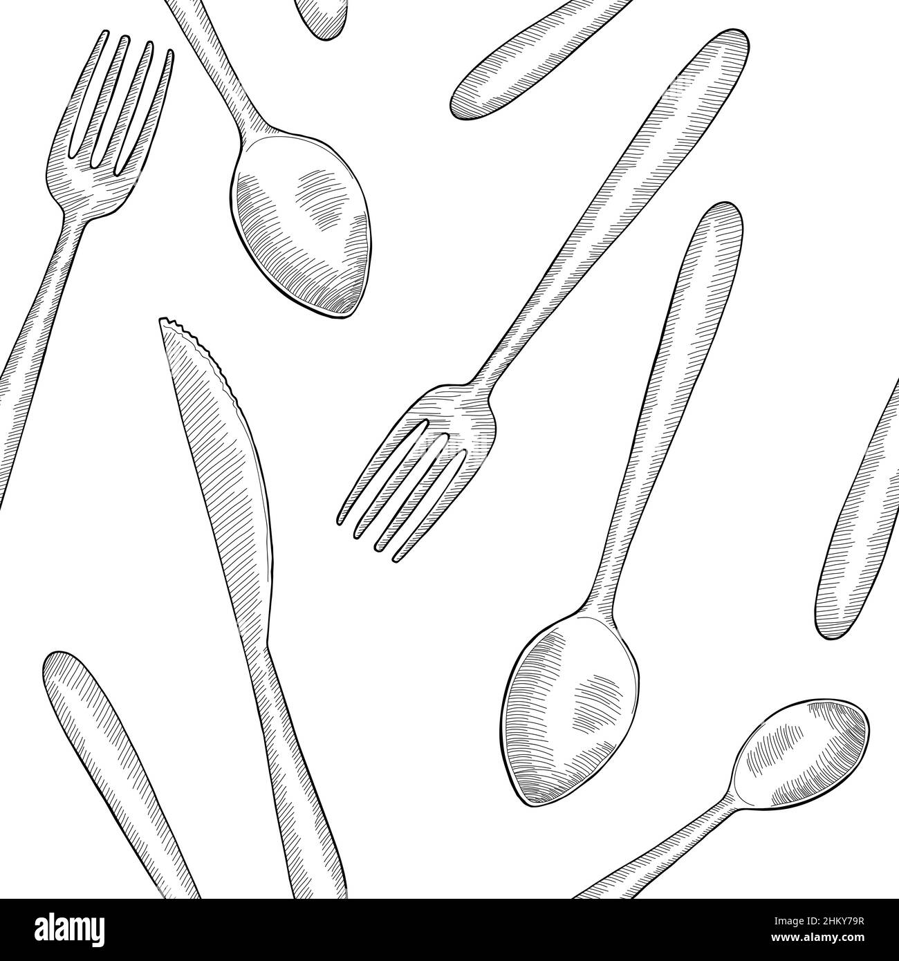 Fork spoon knife graphic black white seamless pattern background sketch illustration vector Stock Vector