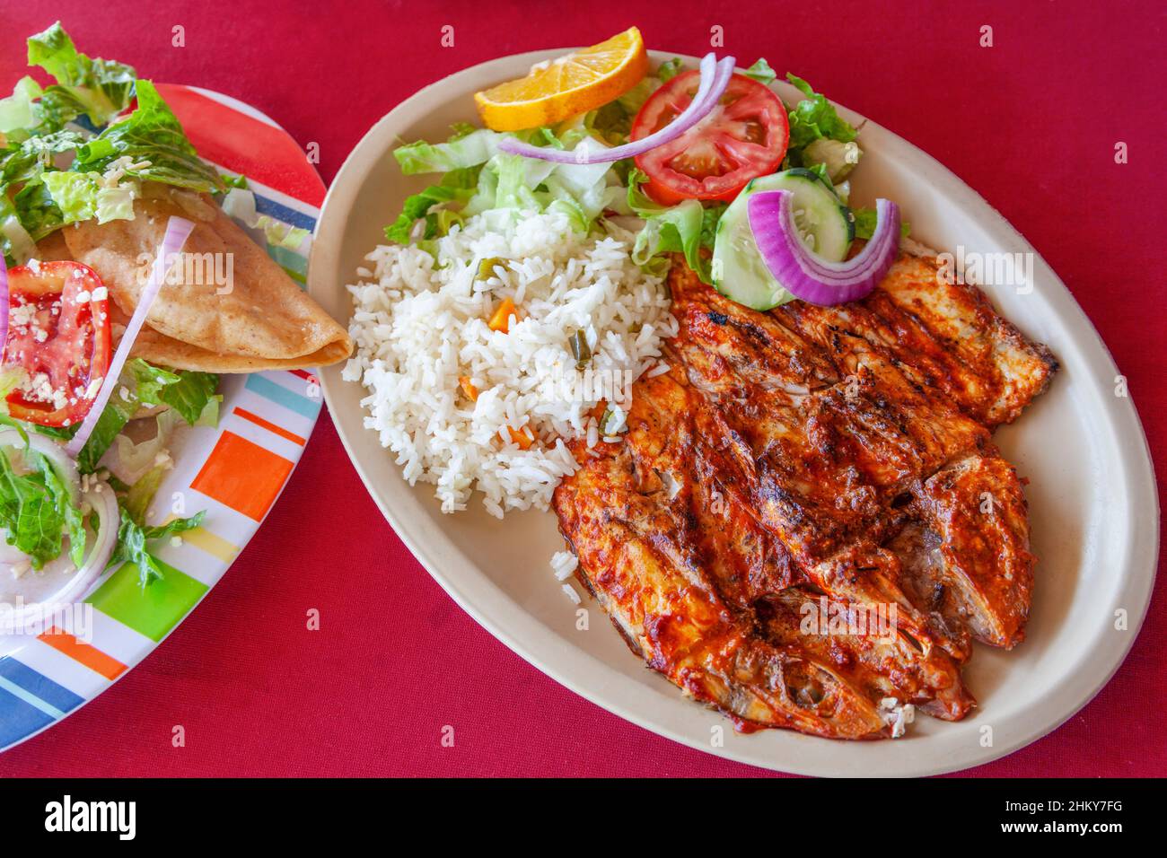 Typical huauchinango fish and tacos de camarones, Manzanillo, Colima. Mexico, North America Stock Photo