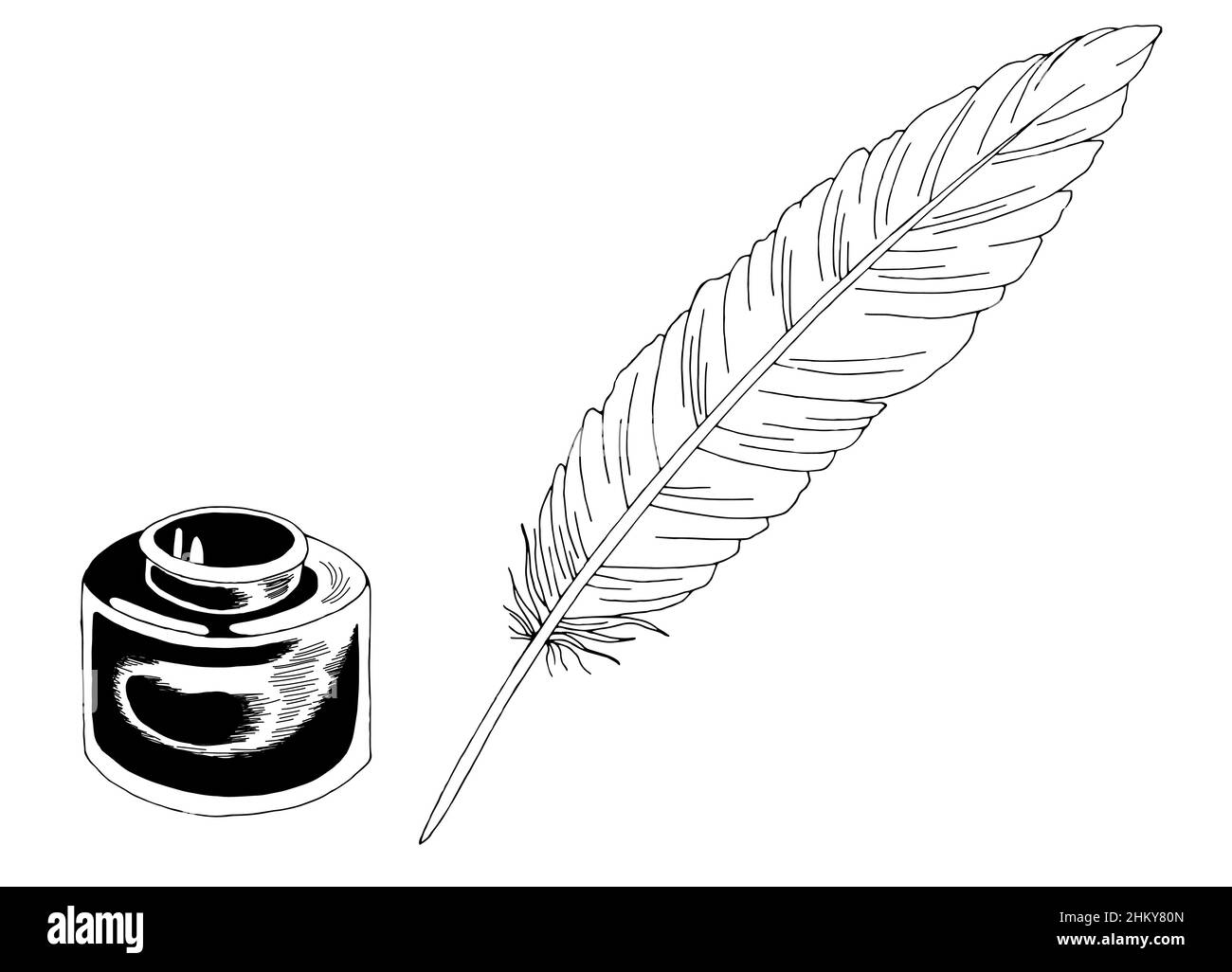 Pen feather and inkwell graphic black white isolated sketch illustration vector Stock Vector