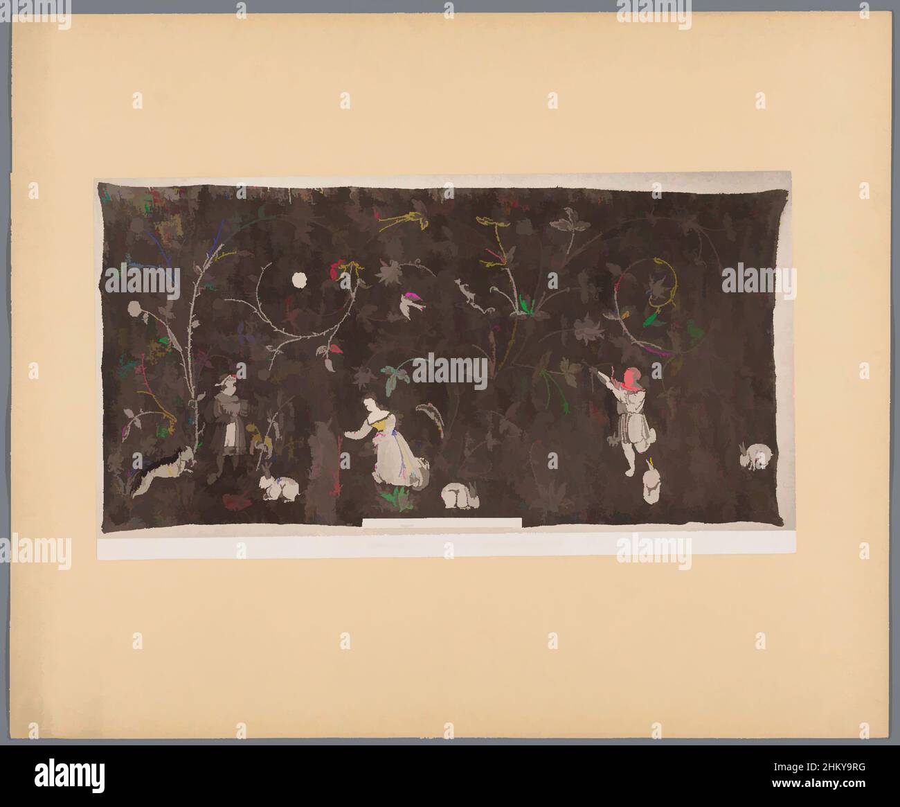 Art inspired by Textile decorated with flowers and youth as a representation of spring, Stickerei auf Leinwand, Frühling und Jugend darsstellend 1533., Europe, c. 1875 - c. 1900, cardboard, paper, collotype, height 152 mm × width 279 mm, Classic works modernized by Artotop with a splash of modernity. Shapes, color and value, eye-catching visual impact on art. Emotions through freedom of artworks in a contemporary way. A timeless message pursuing a wildly creative new direction. Artists turning to the digital medium and creating the Artotop NFT Stock Photo