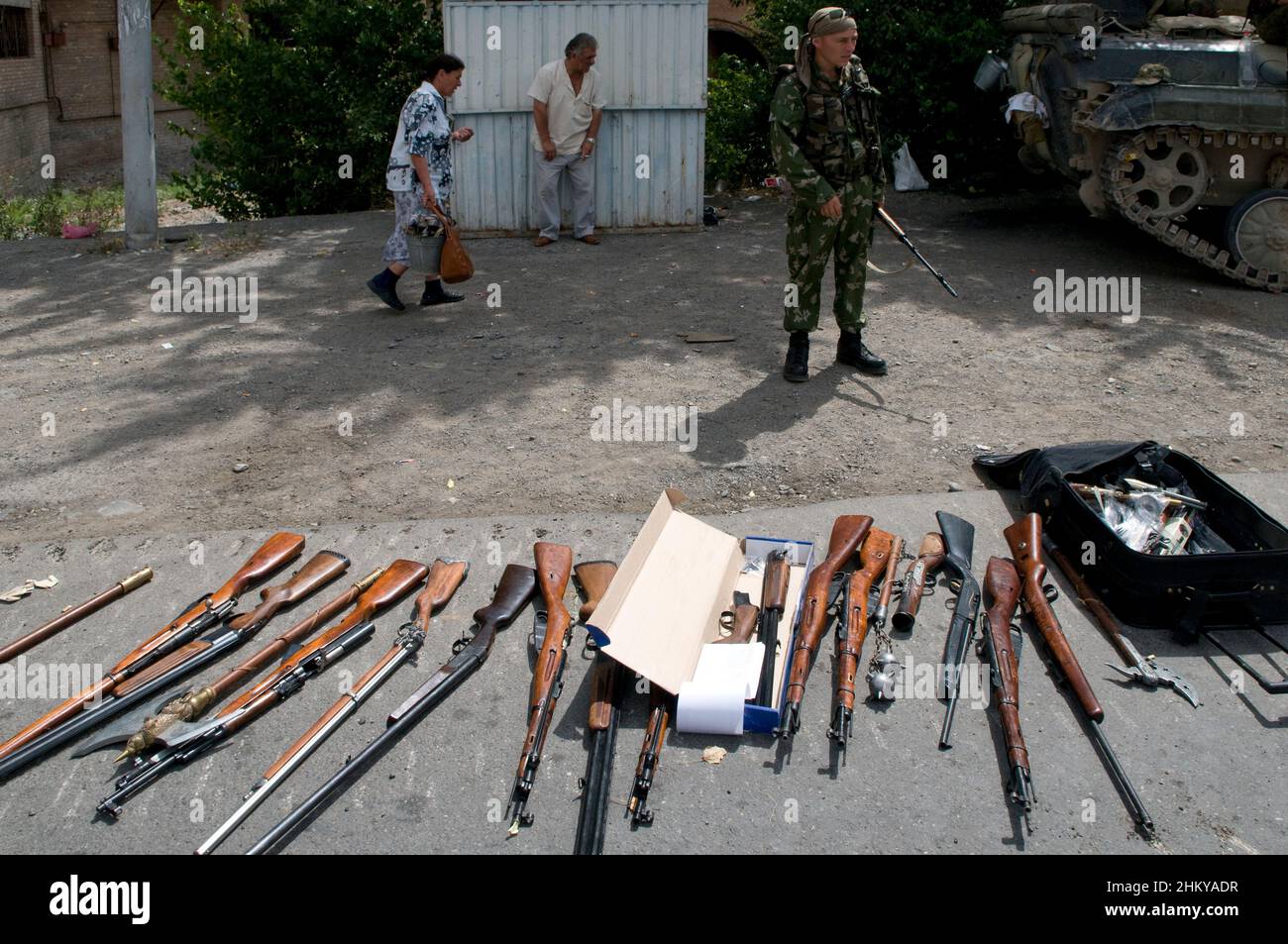 Russian military display hunting rifles seized from Georgian civilians in the city of Gori, soon after Russian forces entered the city during the Russo-Georgian War August 2008 Stock Photo