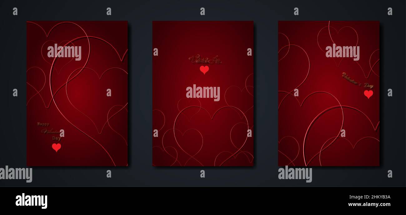 Happy Valentines day vector set greeting card. Gold heart on red ...