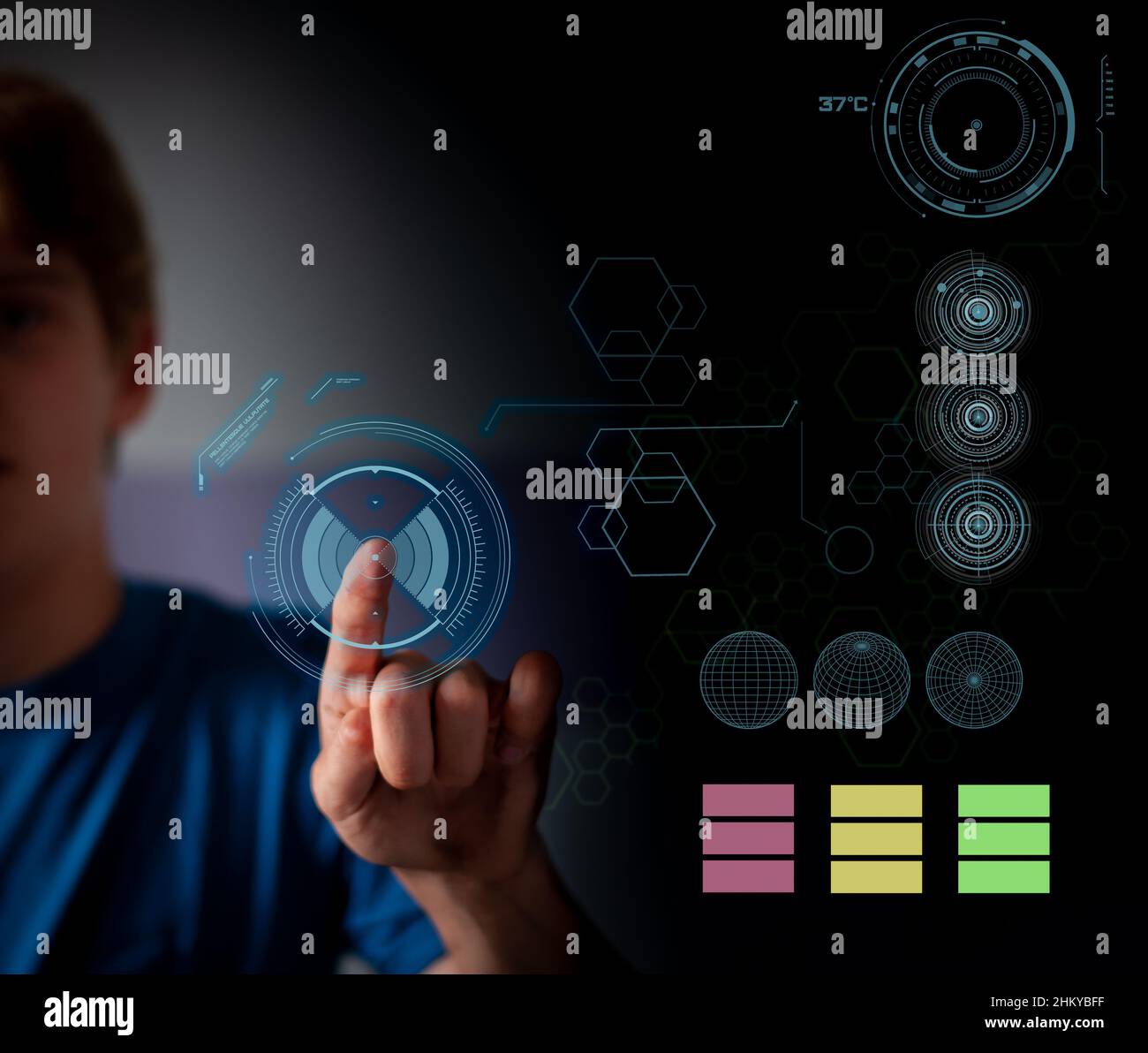 working on modeling global warming temperatures , using hitech futuristic touch screens ,world wide modeling Stock Photo