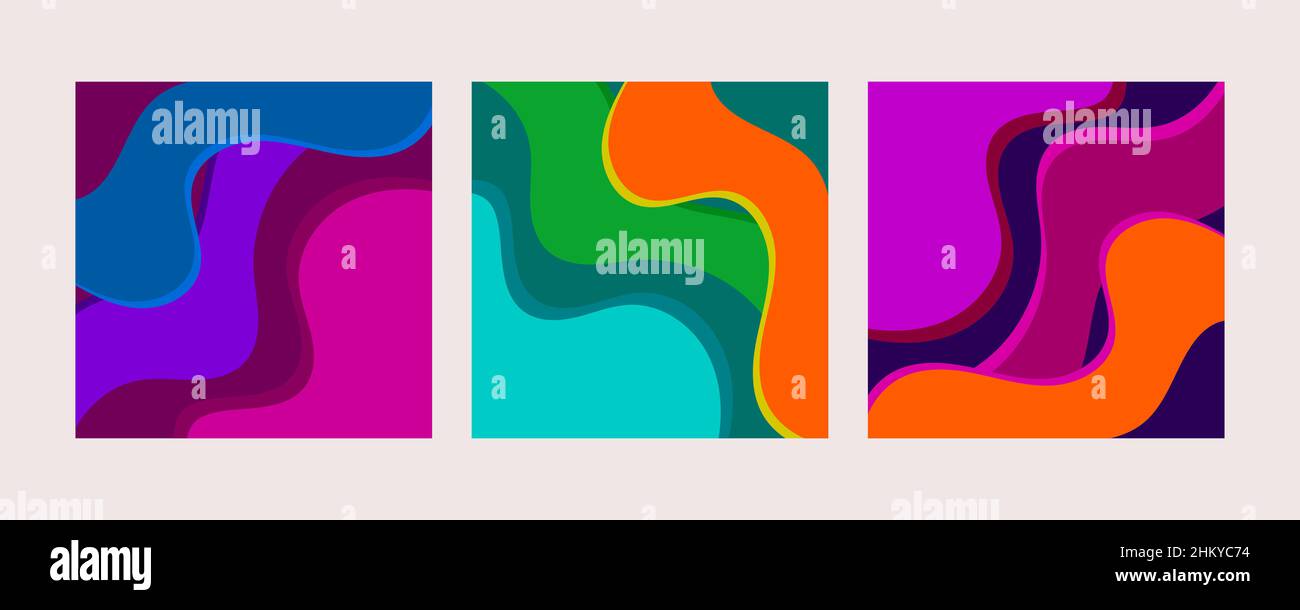 Set of abstract liquid wavy background. Fluid shapes, modern composition. Smooth pattern Stock Vector