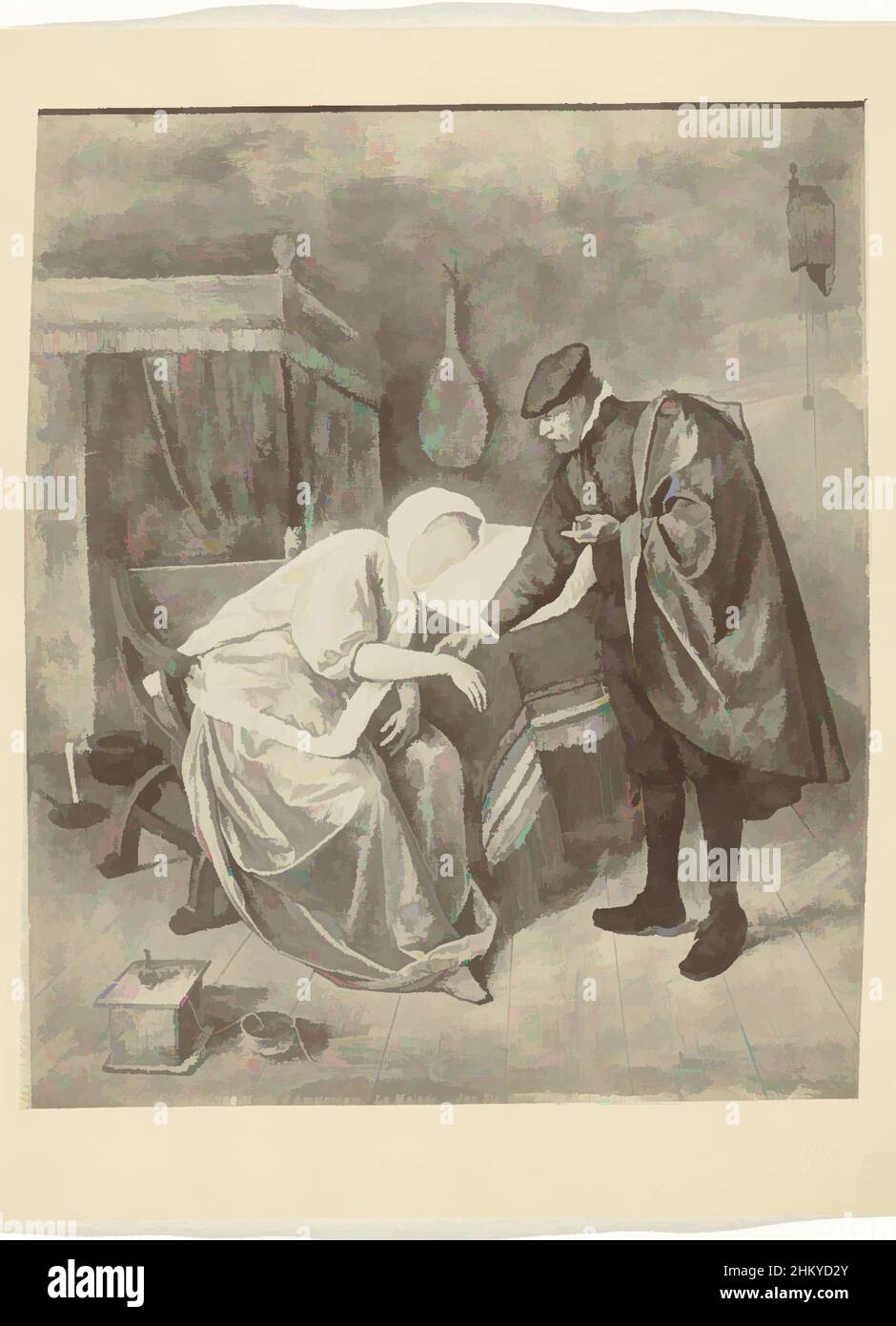 Art inspired by Photoreproduction of the painting The Sick Woman by Jan Steen, Musée d'Amsterdam. La Malade. - Jan van Steen. - Ecole hollandaise, after: Jan Havicksz. Steen, Amsterdam, publisher: Paris, 1867 - 1880, paper, cardboard, albumen print, height 265 mm × width 223 mmheight, Classic works modernized by Artotop with a splash of modernity. Shapes, color and value, eye-catching visual impact on art. Emotions through freedom of artworks in a contemporary way. A timeless message pursuing a wildly creative new direction. Artists turning to the digital medium and creating the Artotop NFT Stock Photo
