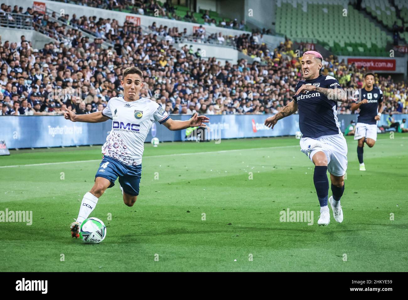 February 5, 2022, Melbourne, Victoria, Australia: MELBOURNE, AUSTRALIA - FEBRUARY 05: Jason Davidson and Joshua Nisbet during the 2021 FFA Cup Final match between Melbourne Victory and Central Coast Mariners at AAMI Park on February 05, 2022 in Melbourne, Australia (Credit Image: © Chris Putnam/ZUMA Press Wire) Stock Photo