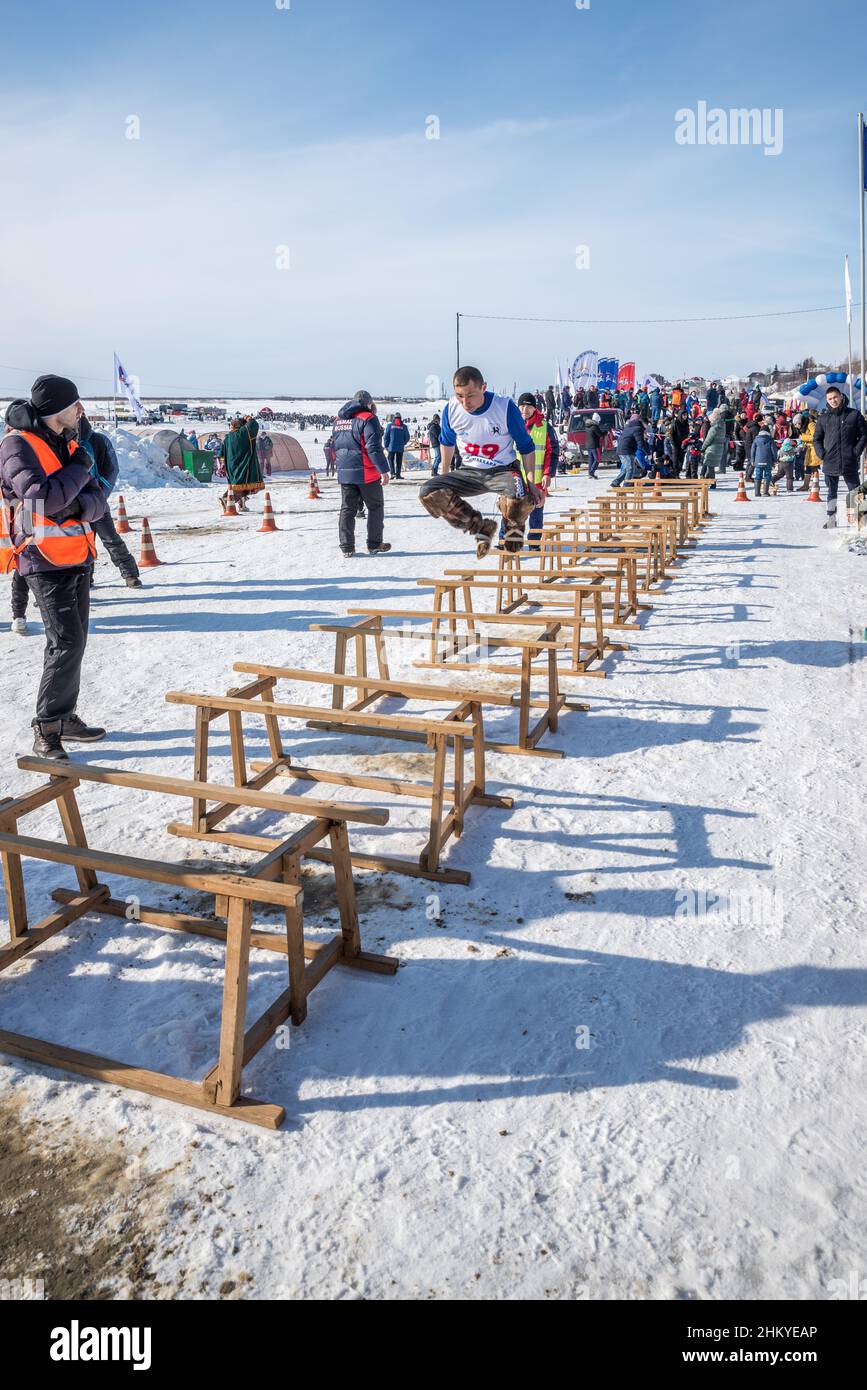 Wooden sled jumping competition at the Reindeer Herders Festival in Salekhard,