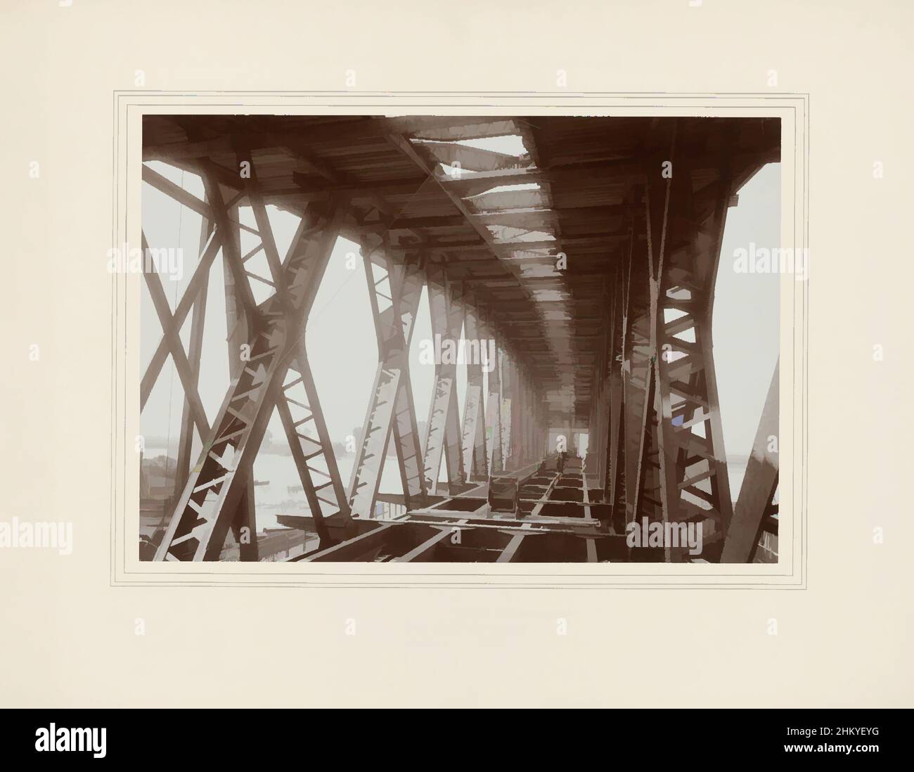 Art inspired by Construction of the Bridge over the Maas River at Spijkenisse, Construction of the Bridge over the River Maas at Spijkenisse, Netherlands, Arnaud Pistoor & Zoon, Den Bosch, Aug-1902, cardboard, photographic support, height 294 mm × width 420 mm, Classic works modernized by Artotop with a splash of modernity. Shapes, color and value, eye-catching visual impact on art. Emotions through freedom of artworks in a contemporary way. A timeless message pursuing a wildly creative new direction. Artists turning to the digital medium and creating the Artotop NFT Stock Photo
