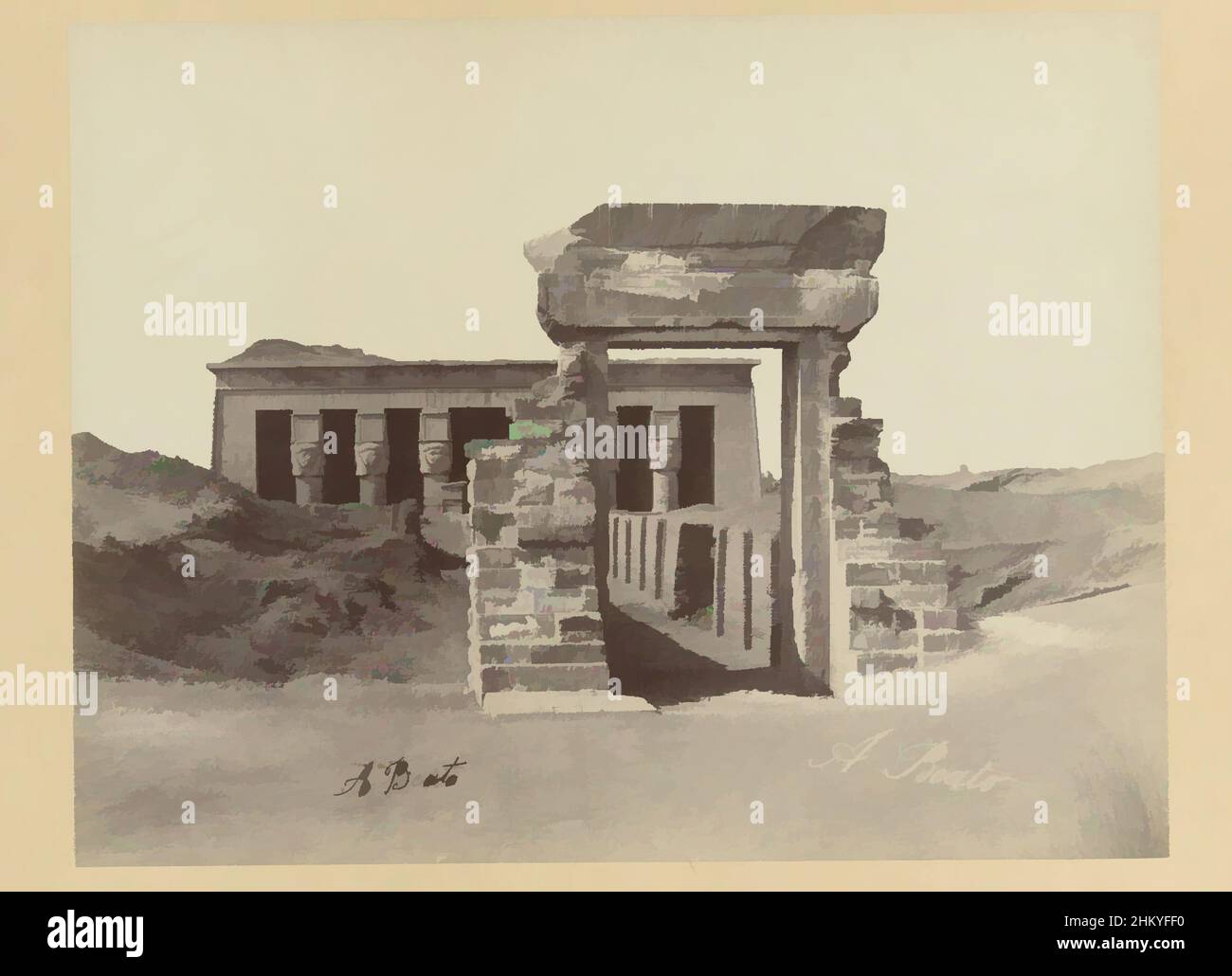 Art inspired by Remains of the temple of Denderah, E 67. Temple of Denderah (beginning of our era). Upper Egypt. (On this temple, before Mariette Bey excavated it, there was an Arab village)., The photograph is part of the series of photographs from Egypt collected by Richard Polak, Classic works modernized by Artotop with a splash of modernity. Shapes, color and value, eye-catching visual impact on art. Emotions through freedom of artworks in a contemporary way. A timeless message pursuing a wildly creative new direction. Artists turning to the digital medium and creating the Artotop NFT Stock Photo