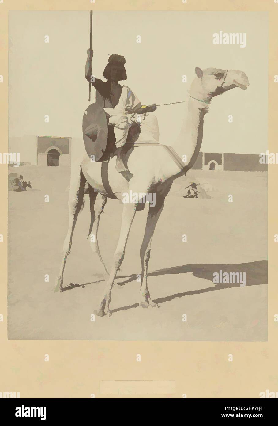 Art inspired by A Besharin man on a camel with shield and spear.E 105. Besharin on a camel, No 625 Soldat Abysun a Doga., The photograph is part of the series of photographs from Egypt collected by Richard Polak., C. & G. Zangaki, Egypte, c. 1895 - c. 1915, photographic support, paper, Classic works modernized by Artotop with a splash of modernity. Shapes, color and value, eye-catching visual impact on art. Emotions through freedom of artworks in a contemporary way. A timeless message pursuing a wildly creative new direction. Artists turning to the digital medium and creating the Artotop NFT Stock Photo