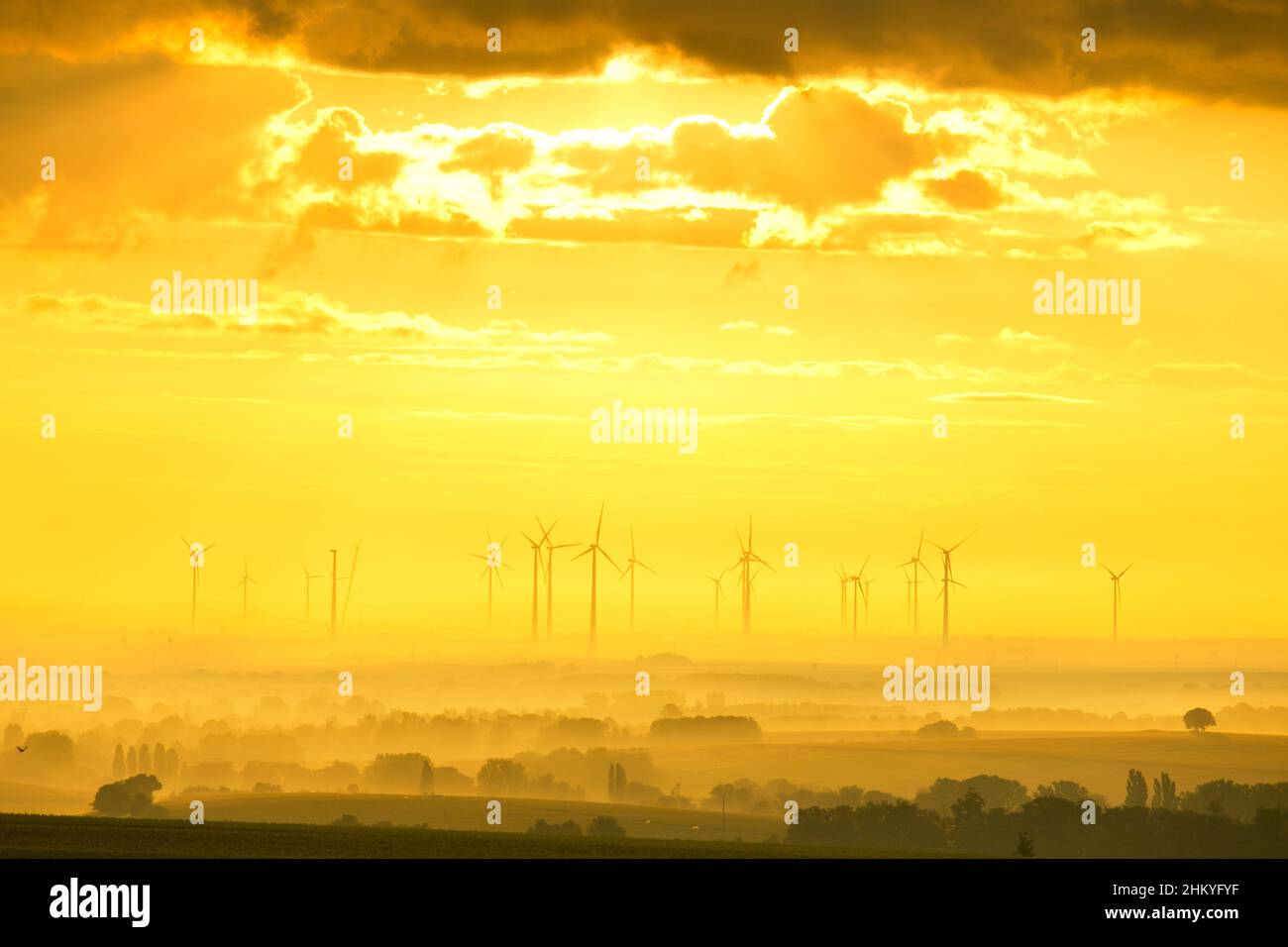 Windmills in a golden foggy landscape at sunrise in Gemany Stock Photo