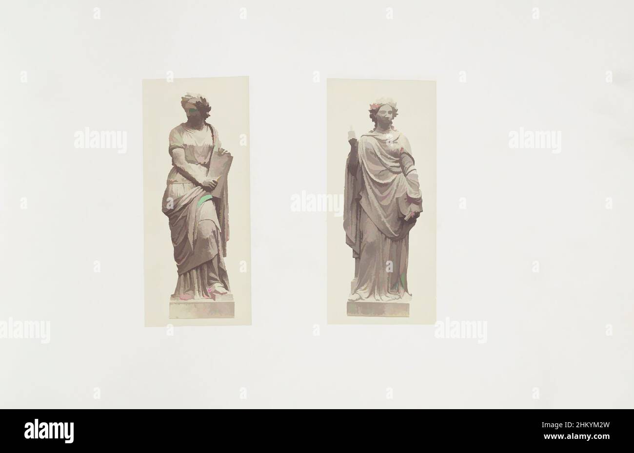 Art inspired by Plaster models for sculptures at the Palais du Louvre: left La Gravure by Jules Droz and right La Peinture by Jean Louis Nicolas Jaley, Part of Réunion des Tuileries au Louvre 1852-1857, album 3., Édouard Denis Baldus, Jules-Antoine Droz, Paris, c. 1855 - c. 1857, paper, Classic works modernized by Artotop with a splash of modernity. Shapes, color and value, eye-catching visual impact on art. Emotions through freedom of artworks in a contemporary way. A timeless message pursuing a wildly creative new direction. Artists turning to the digital medium and creating the Artotop NFT Stock Photo