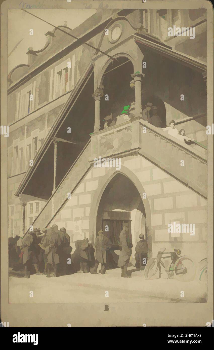 Art inspired by Mobilization of French soldiers in Mulhouse, Soldiers standing by an outside staircase., publisher: Adolphe Braun & Cie., France, 20-Aug-1914, paper, albumen print, height 146 mm × width 98 mm, Classic works modernized by Artotop with a splash of modernity. Shapes, color and value, eye-catching visual impact on art. Emotions through freedom of artworks in a contemporary way. A timeless message pursuing a wildly creative new direction. Artists turning to the digital medium and creating the Artotop NFT Stock Photo
