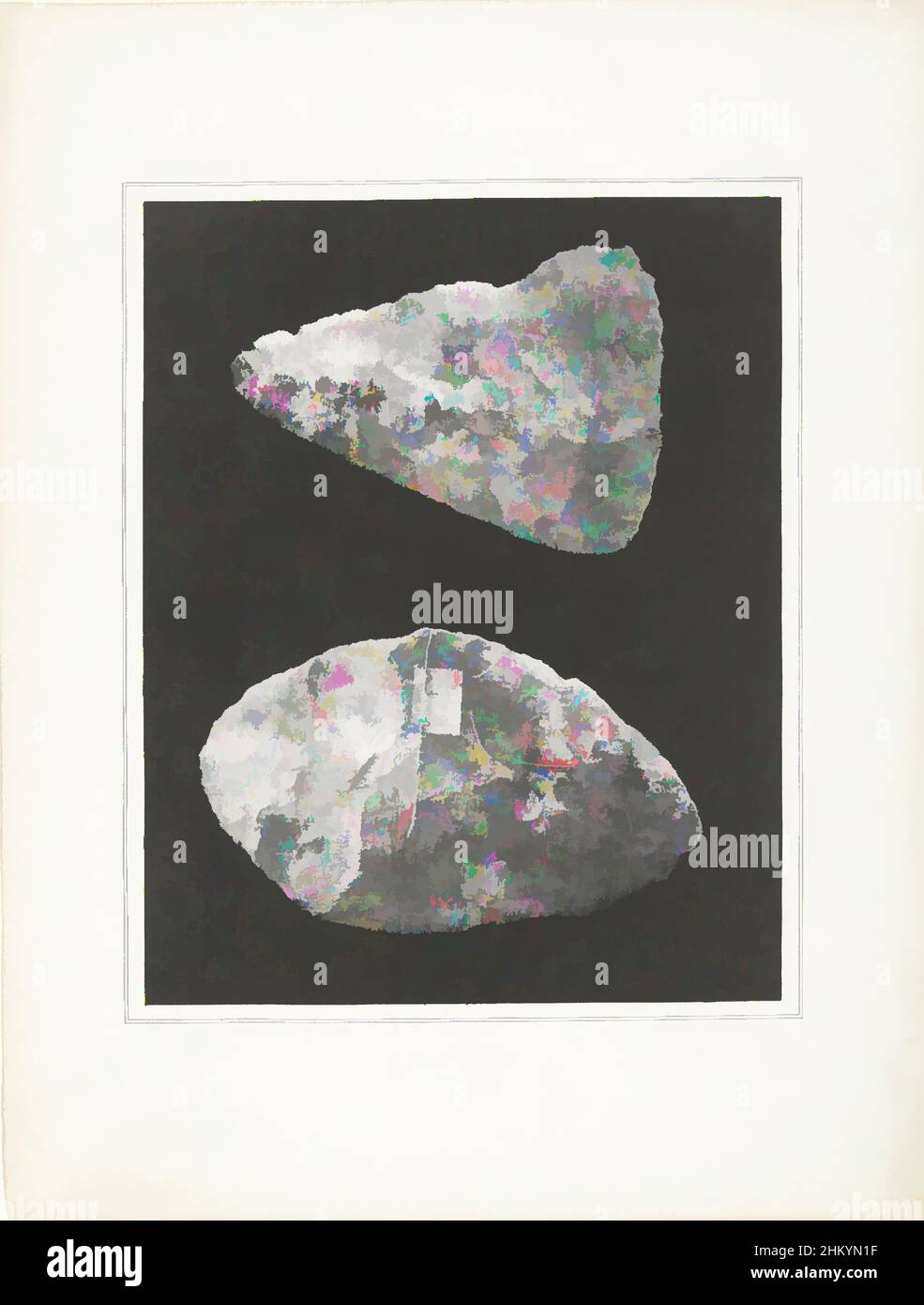 Art inspired by Two prehistoric cut flints found in the Seine basin, Silex taillés, La Seine aux âges anté-historiques, Ville de Paris Atelier des Travaux historiques, Paris, 1869, paper, photolithography, height 238 mm × width 189 mmheight 360 mm × width 274 mm, Classic works modernized by Artotop with a splash of modernity. Shapes, color and value, eye-catching visual impact on art. Emotions through freedom of artworks in a contemporary way. A timeless message pursuing a wildly creative new direction. Artists turning to the digital medium and creating the Artotop NFT Stock Photo