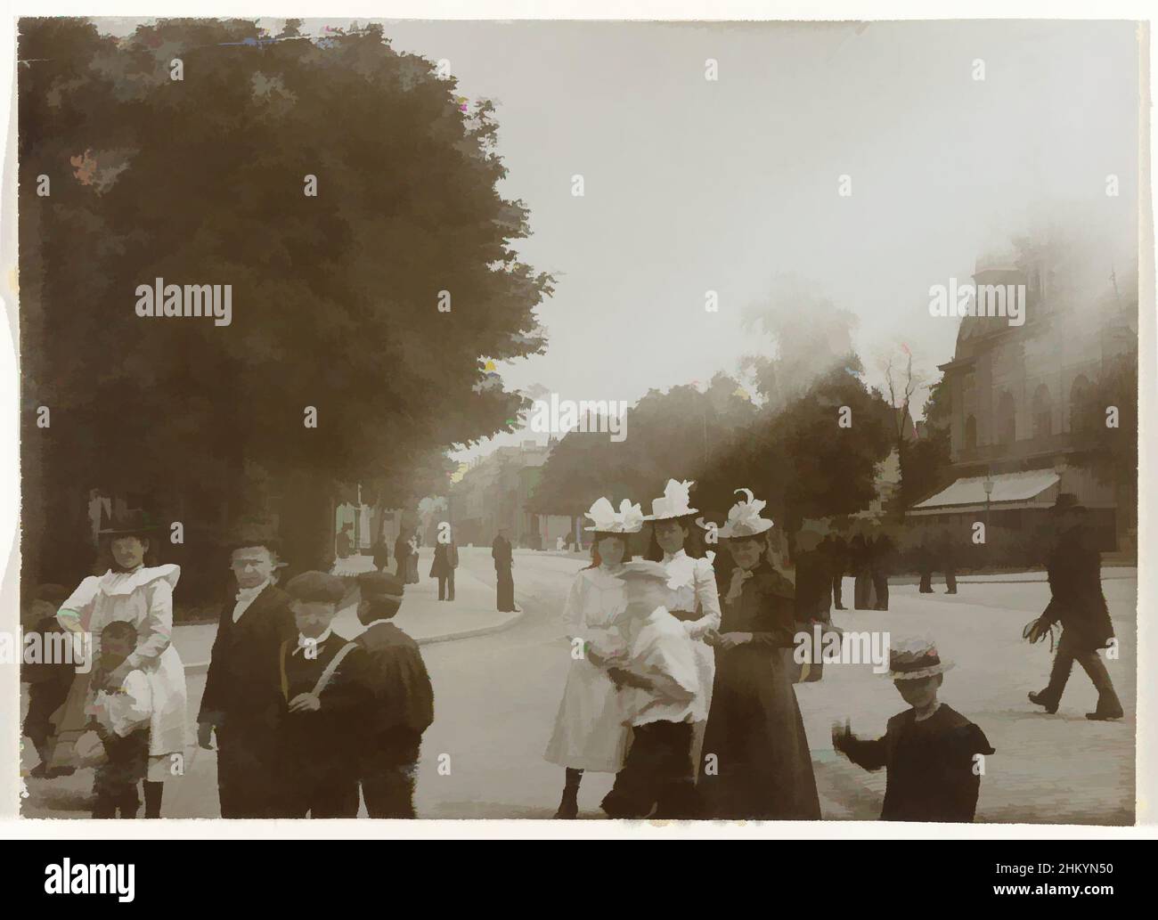 Art inspired by People on the street in front of the Musis Sacrum in Arnhem, Several neatly dressed children in front of the Musis Sacrum in Arnhem., Arnhem, c. 1900, photographic support, height 115 mm × width 160 mm, Classic works modernized by Artotop with a splash of modernity. Shapes, color and value, eye-catching visual impact on art. Emotions through freedom of artworks in a contemporary way. A timeless message pursuing a wildly creative new direction. Artists turning to the digital medium and creating the Artotop NFT Stock Photo