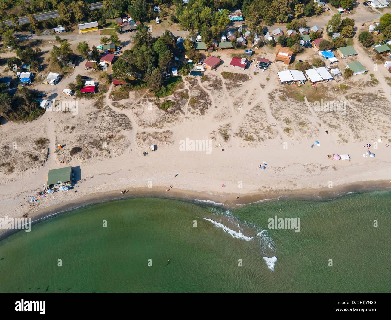 Amazing Aerial view of South Beach of town of Kiten, Burgas Region, Bulgaria Stock Photo
