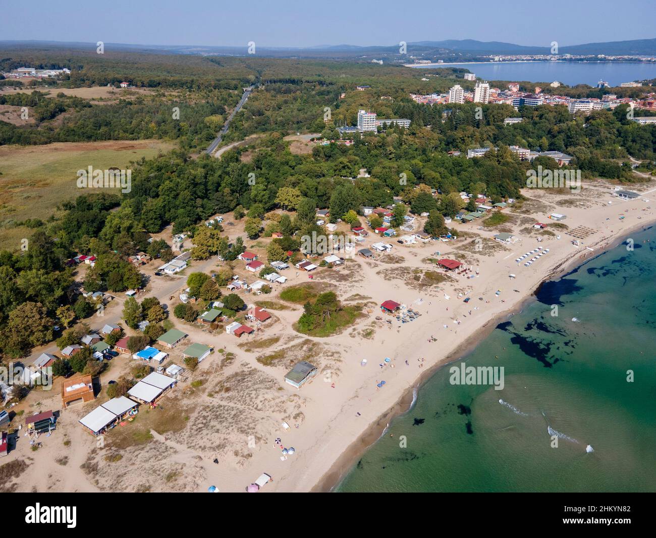Amazing Aerial view of South Beach of town of Kiten, Burgas Region, Bulgaria Stock Photo