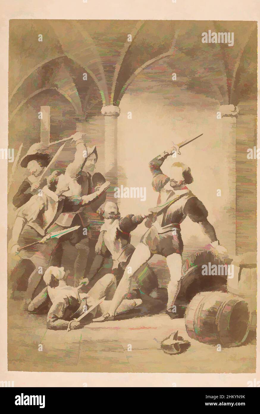 Art inspired by Photoreproduction of an engraving of Herman de Ruyter occupying Slot Loevestein in 1570, Netherlands, 1850 - 1900, photographic support, cardboard, albumen print, height 80 mm × width 57 mmheight 104 mm × width 63 mm, Classic works modernized by Artotop with a splash of modernity. Shapes, color and value, eye-catching visual impact on art. Emotions through freedom of artworks in a contemporary way. A timeless message pursuing a wildly creative new direction. Artists turning to the digital medium and creating the Artotop NFT Stock Photo