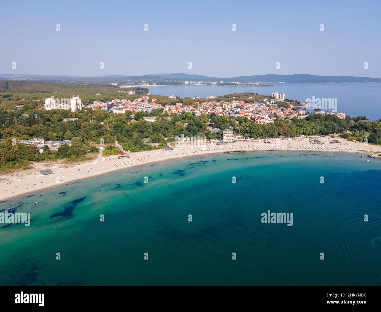 Amazing Aerial view of South Beach of town of Kiten, Burgas Region, Bulgaria Stock Photo