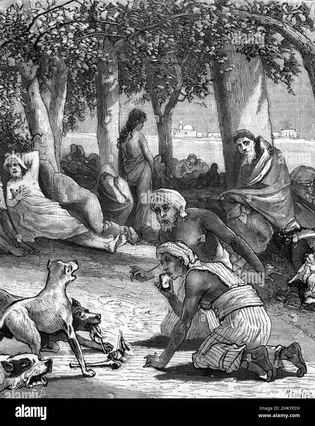 'Representation d'une leproserie en Inde' (Leprosy in India : a leper colony) Illustration tiree de 'La medecine populaire' 1881 Collection privee Stock Photo