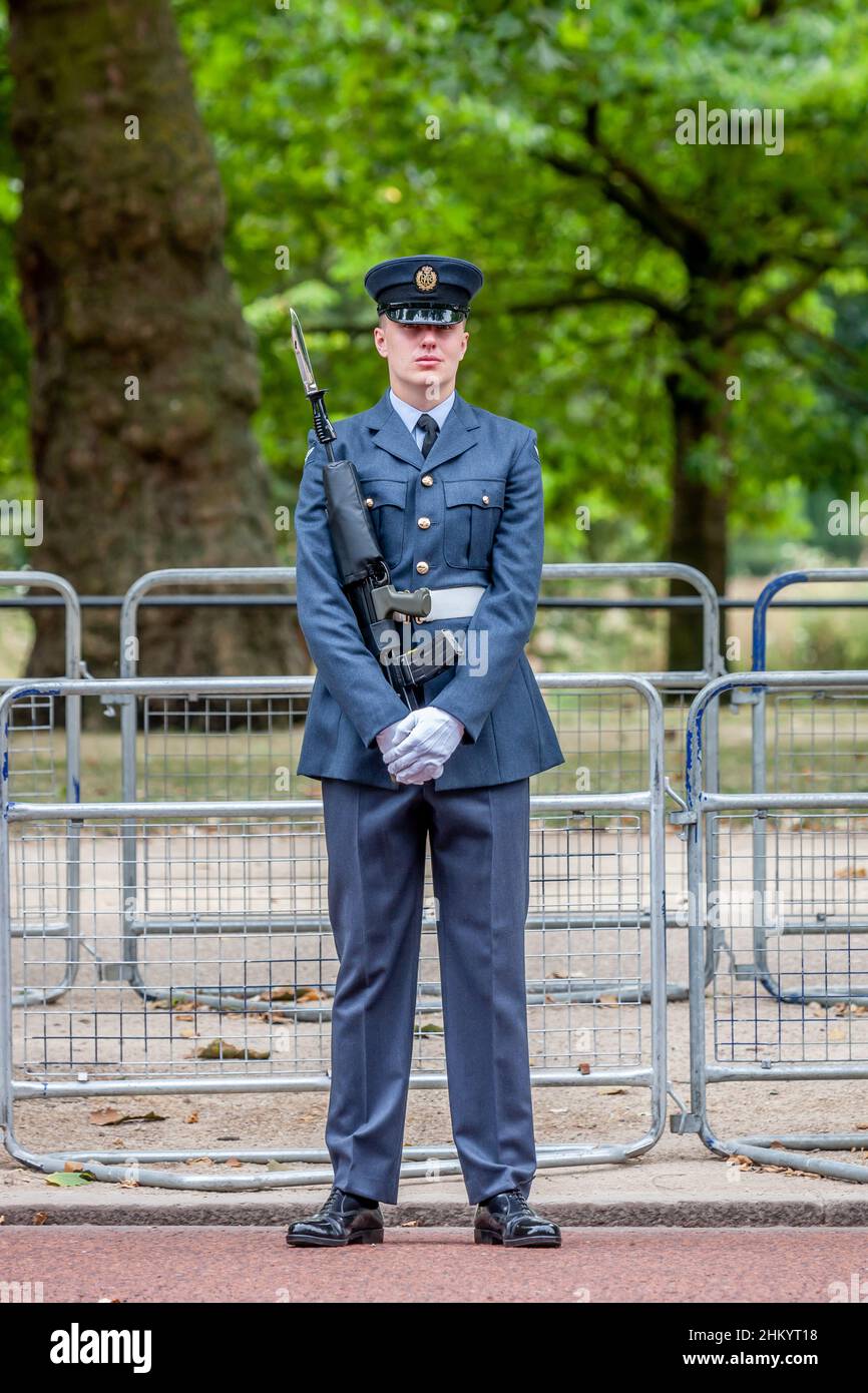 An RAF airman lines the route before the main procession for the RAF Centenary, The Mall, London, UK Stock Photo