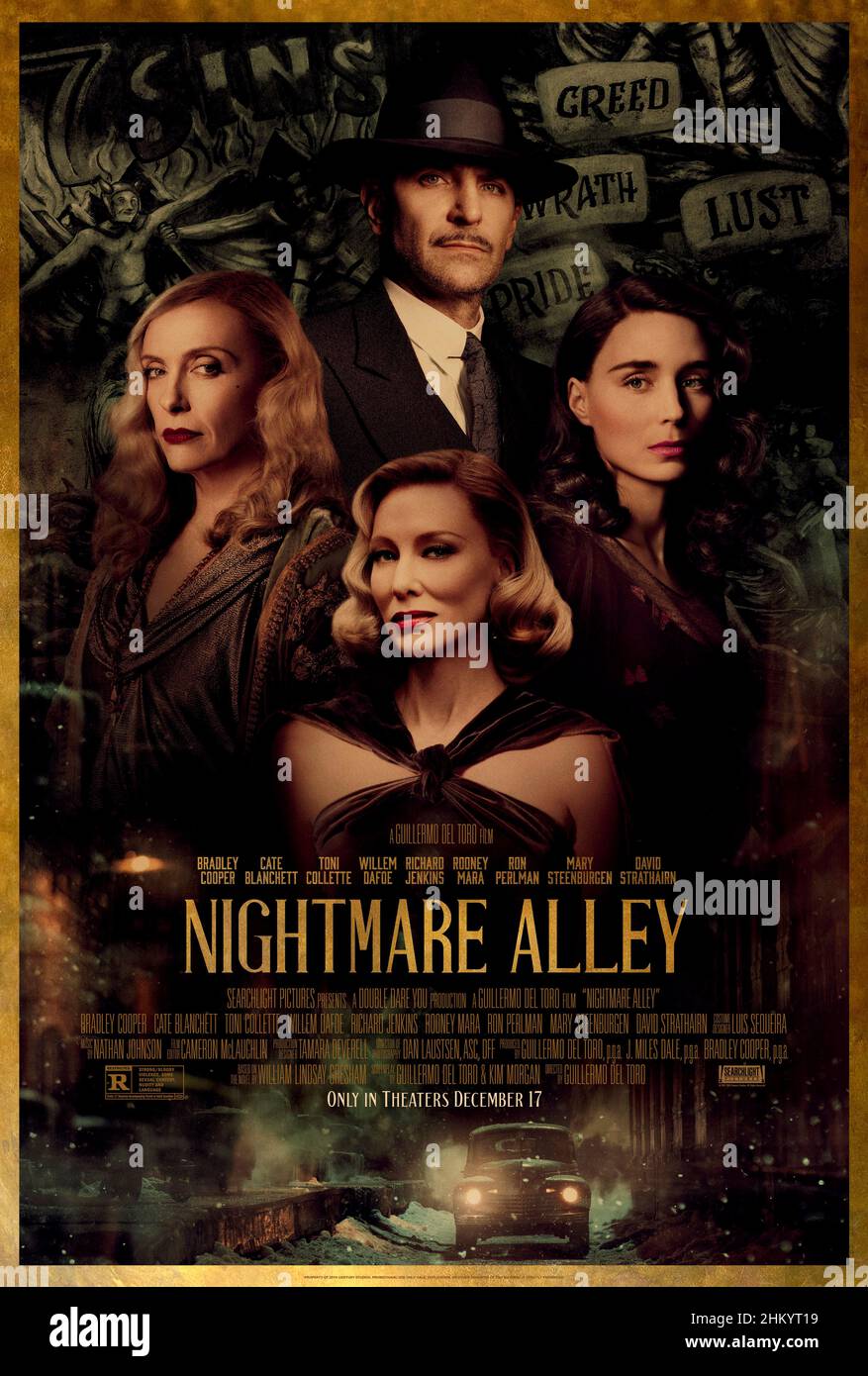 Nightmare Alley (2021) directed by Guillermo del Toro and starring Bradley Cooper, Cate Blanchett, Rooney Mara and Toni Collette. An ambitious man travelling with a carnival with a talent for manipulating people with a few well-chosen words hooks up with a female psychiatrist with devastating results. Stock Photo