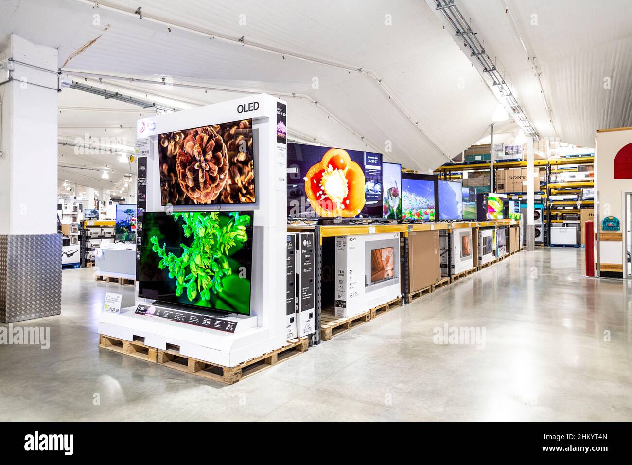Television and electronics isle at wholesale supermarket Costco Stock Photo