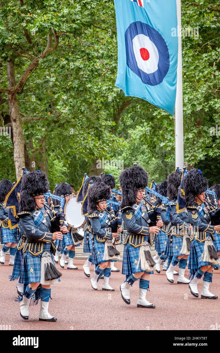RAF Pipes and Drums march down the Mall as part of the RAF centenary