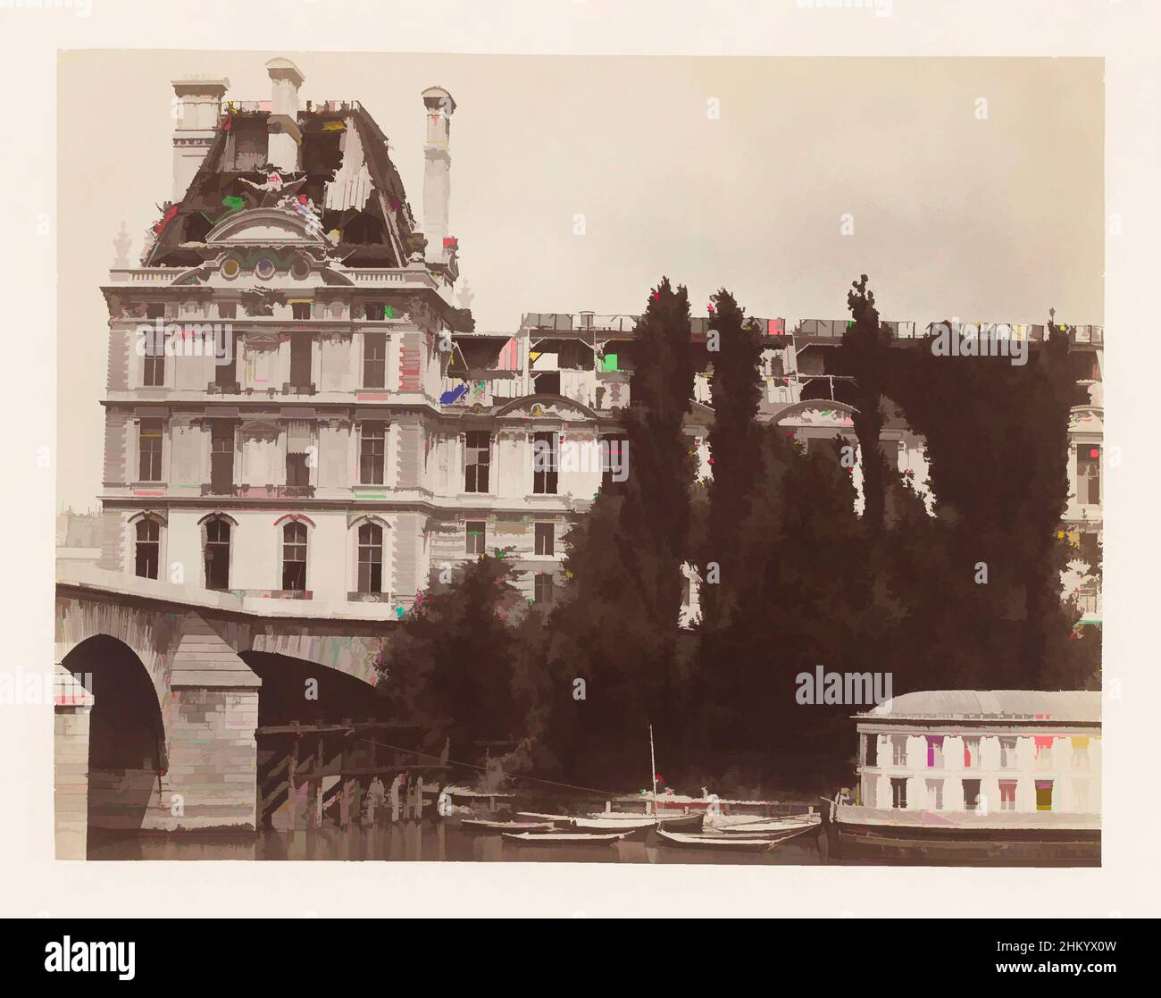 Art inspired by Destruction at the Louvre, Pavillon de Flore at the time of the Commune, with the Seine in the foreground, Charles Soulier, France, 1871, cardboard, albumen print, height 369 mm × width 510 mmheight 196 mm × width 252 mm, Classic works modernized by Artotop with a splash of modernity. Shapes, color and value, eye-catching visual impact on art. Emotions through freedom of artworks in a contemporary way. A timeless message pursuing a wildly creative new direction. Artists turning to the digital medium and creating the Artotop NFT Stock Photo
