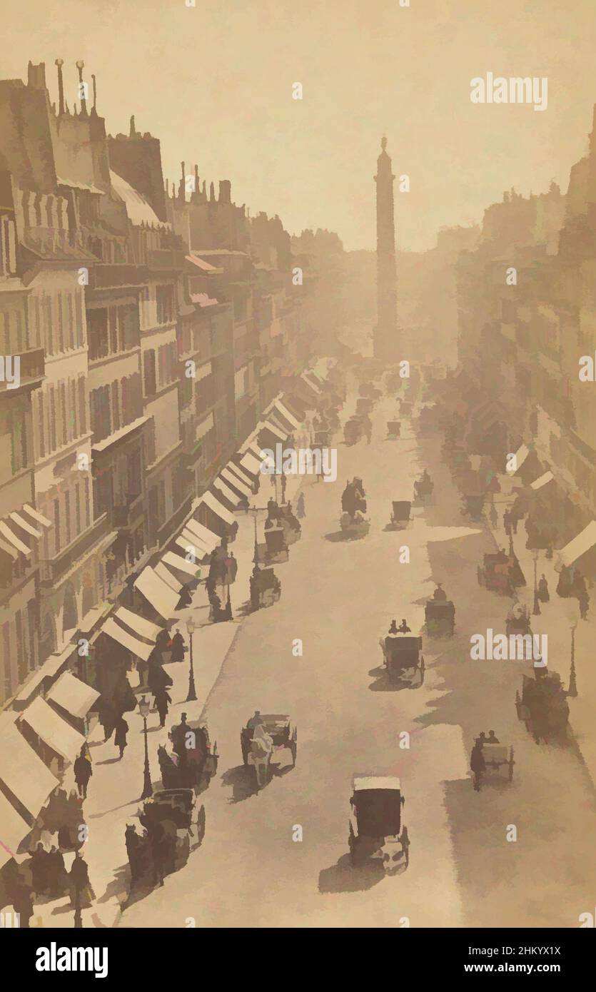 Art inspired by Street view of Rue de la Paix, Paris, Rue de la Paix, Carte-de-visite, so-called instantanée, showing early street view to Place Vendôme in Paris, with moving carriages and people walking., Paris, c. 1865, cardboard, paper, albumen print, height 101 mm × width 64 mm, Classic works modernized by Artotop with a splash of modernity. Shapes, color and value, eye-catching visual impact on art. Emotions through freedom of artworks in a contemporary way. A timeless message pursuing a wildly creative new direction. Artists turning to the digital medium and creating the Artotop NFT Stock Photo