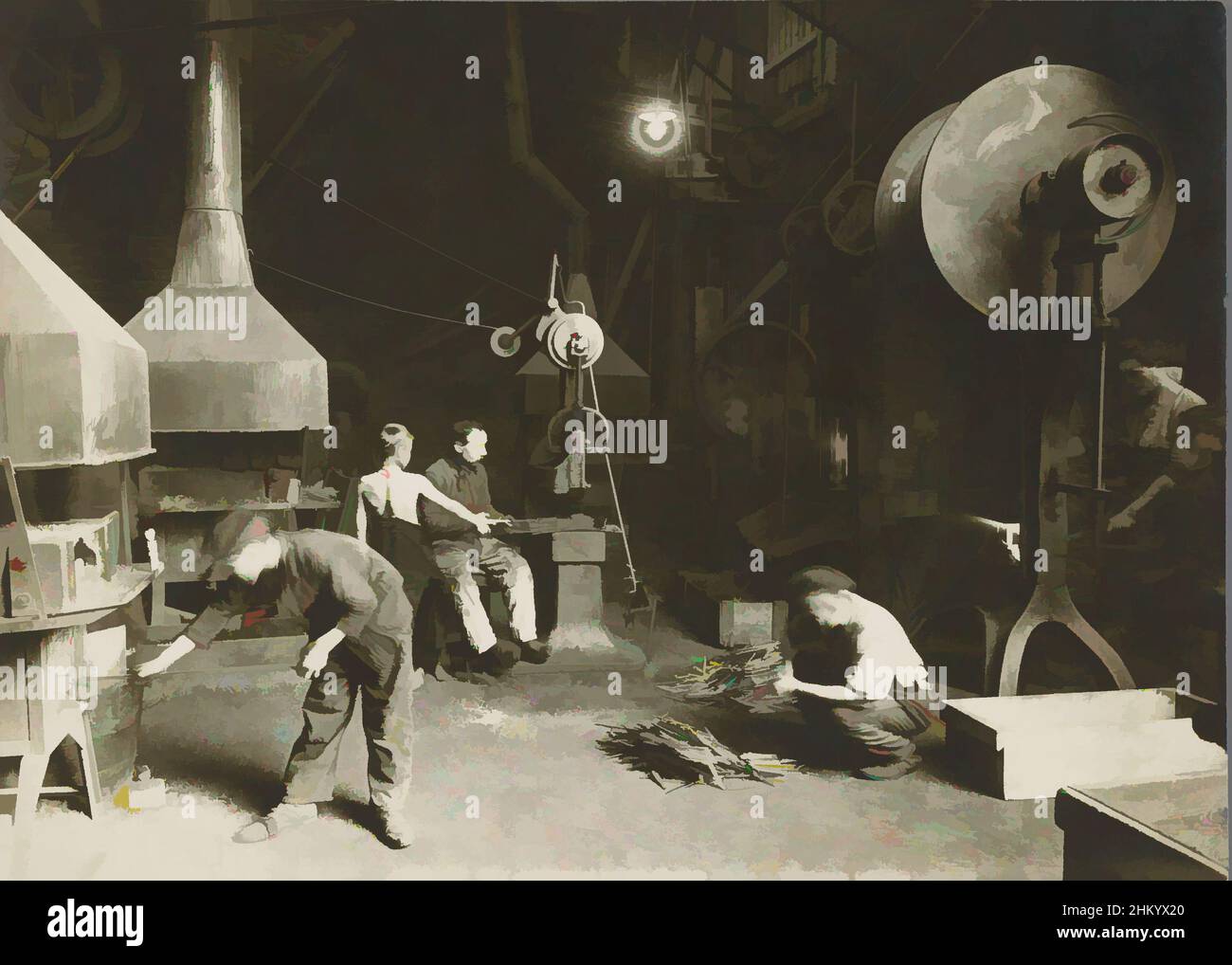 Art inspired by Workers in a metalworking factory, including three children, Press photo., France, c. 1910, baryta paper, gelatin silver print, height 129 mm × width 179 mm, Classic works modernized by Artotop with a splash of modernity. Shapes, color and value, eye-catching visual impact on art. Emotions through freedom of artworks in a contemporary way. A timeless message pursuing a wildly creative new direction. Artists turning to the digital medium and creating the Artotop NFT Stock Photo
