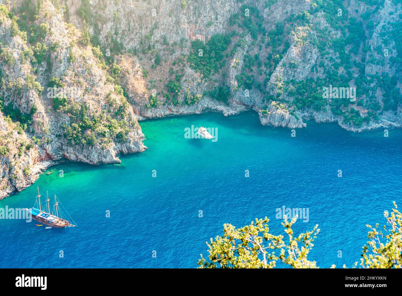 Beautiful view of Butterfly Valley. Butterfly Valley (Turkish: Kelebekler Vadisi) is a valley in Fethiye district of Mugla Province, southwestern Turk Stock Photo