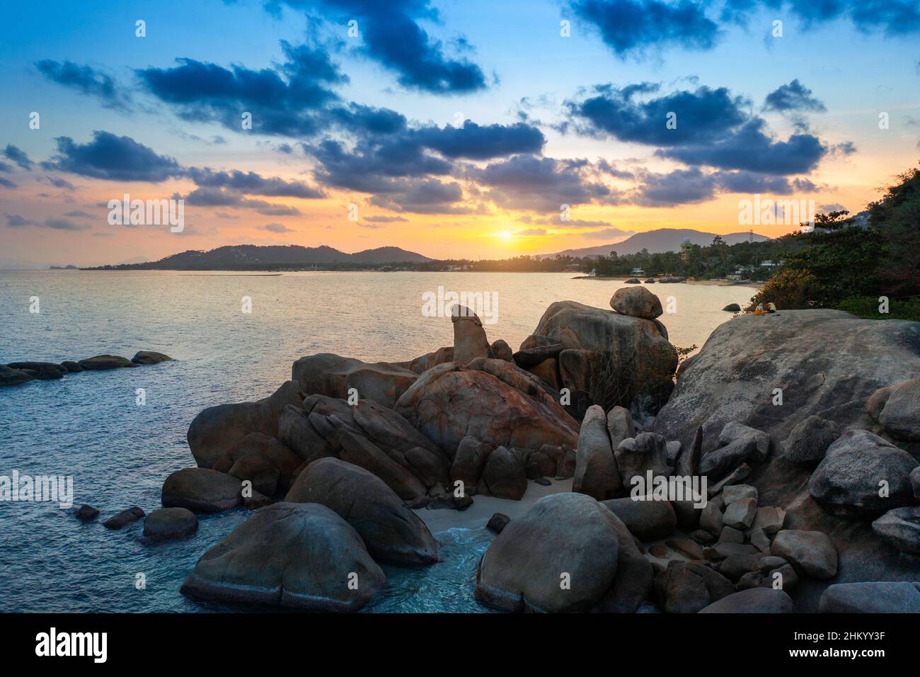 Grandfather and grandfather rock (Hin Ta and Hin Yai Rocks) on the Lamai Beach, Koh Samui, Thailand. Stock Photo