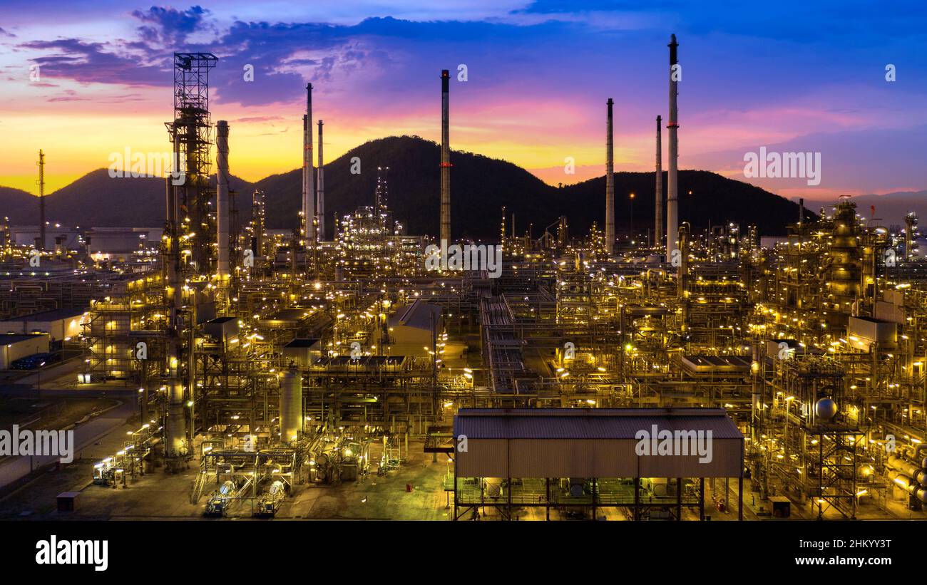 Aerial view of Oil refinery at twilight Stock Photo - Alamy
