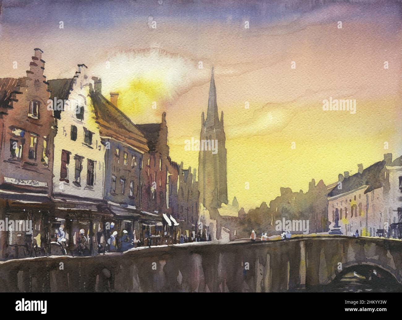 Bruges, Belgium sunset painting. Watercolor painting Belfry of Bruges