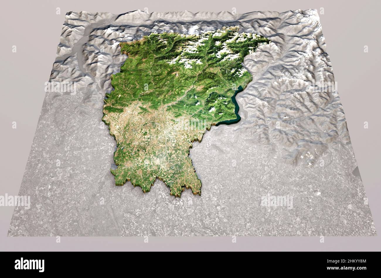 Satellite view of Bergamo province, Lombardia region. Italy. 3d rendering. Physical map, plains, mountains, lakes, mountain range Stock Photo