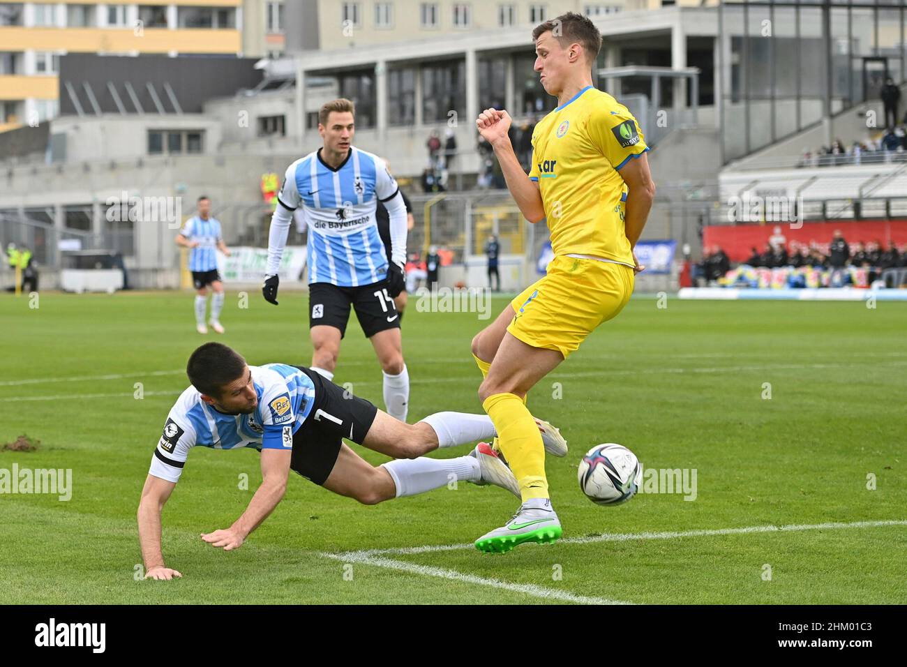 Muenchen GRUENWALDER STADION. 10th Apr, 2021. Mael CORBOZ (Verl), action,  duels versus Dennis DRESSEL (TSV Munich 1860). Soccer 3rd league, Liga3, TSV  Munich 1860 - SC Verl 3-2, on April 10th, 2021