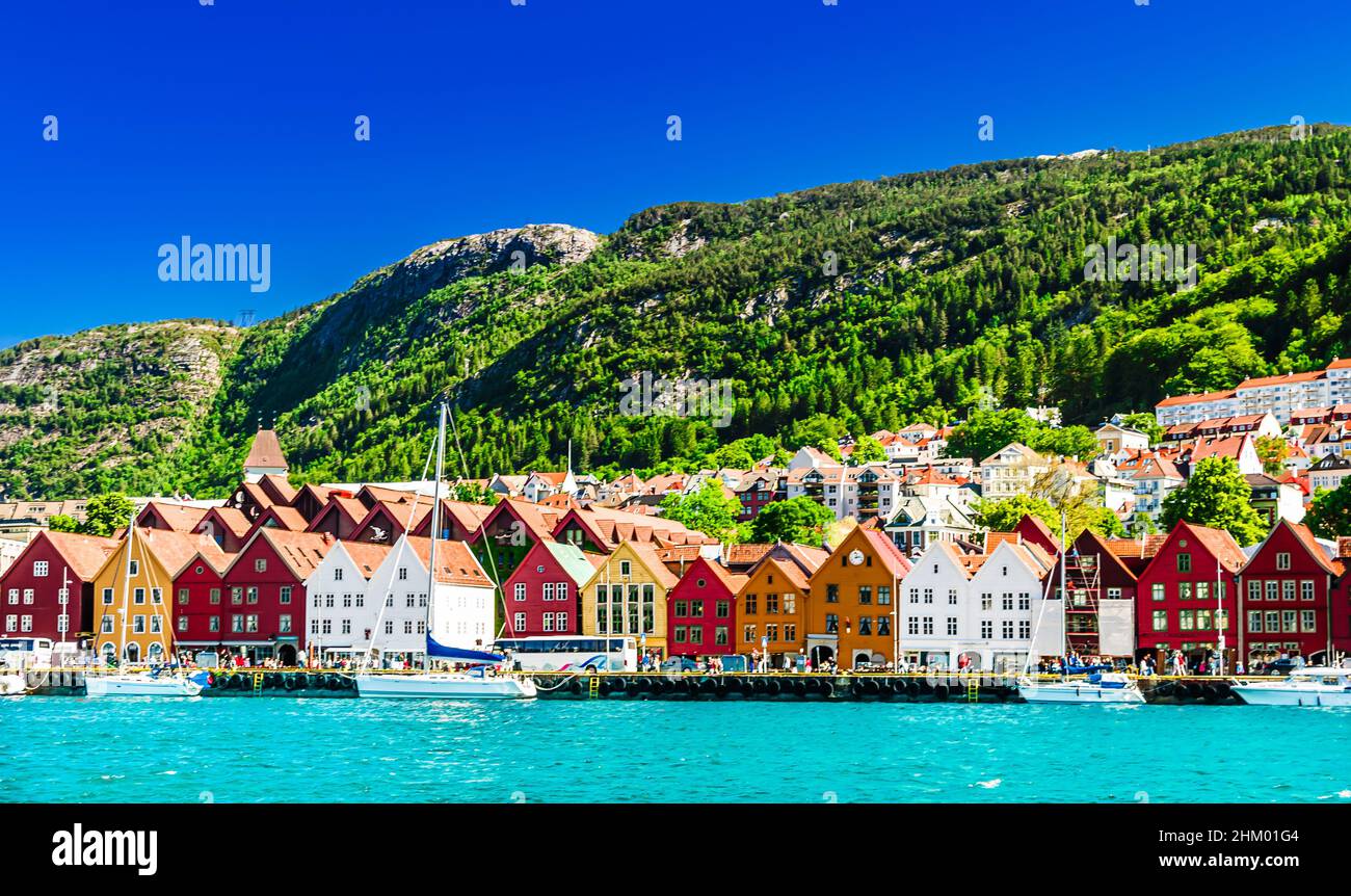 Colorful houses in the historic Bryggen area in Bergen, site on the UNESCO in Norway Stock Photo