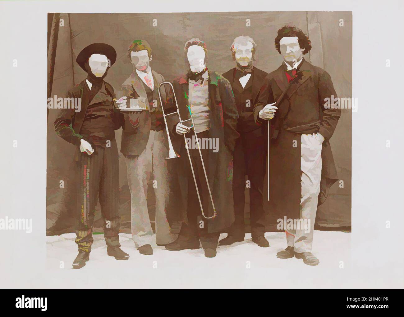 Art inspired by Group portrait of a company in costumes with musical instruments, presumably French amateur actors, Part of Photo album of a French amateur photographer with shots of a family, distillery Delizy &amp; Doistau Fils, the army and places of interest in France., France, c, Classic works modernized by Artotop with a splash of modernity. Shapes, color and value, eye-catching visual impact on art. Emotions through freedom of artworks in a contemporary way. A timeless message pursuing a wildly creative new direction. Artists turning to the digital medium and creating the Artotop NFT Stock Photo