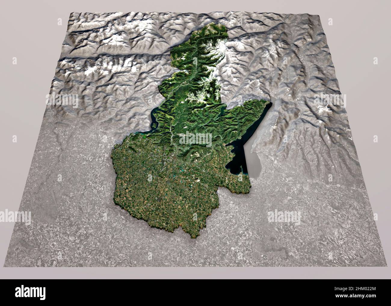 Satellite view of Brescia province, Lombardia region. Italy. 3d rendering. Physical map, plains, mountains, lakes, mountain range. Stock Photo