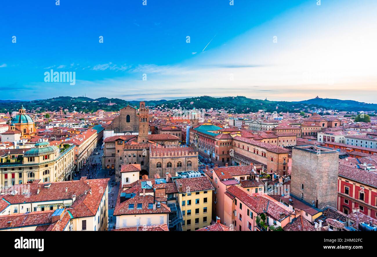 Aerial view of Bologna Cathedral and towers above of the roofs of Old Town in medieval city Bologna Stock Photo