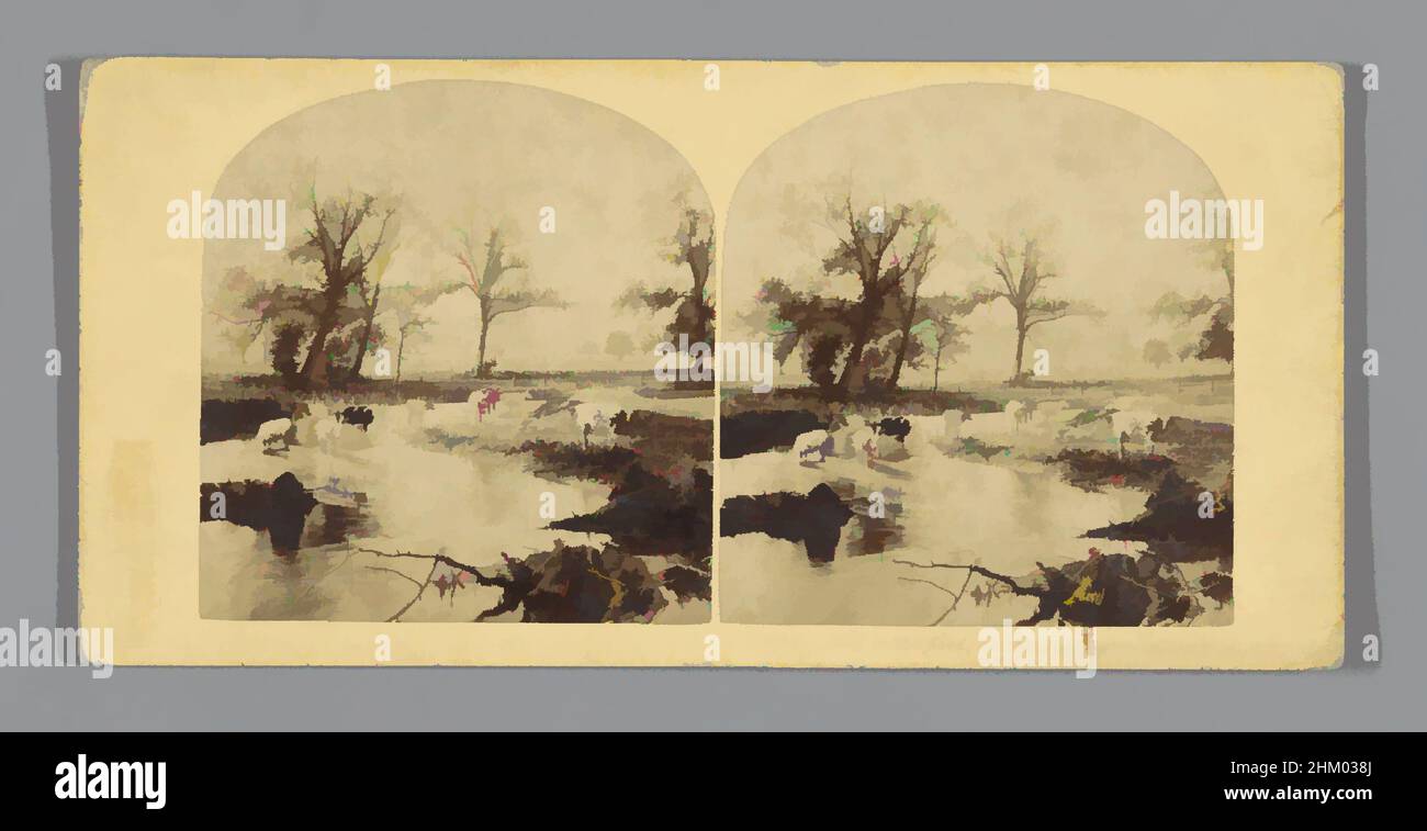 Art inspired by Cows in a flooded meadow Half in the flood, and bending up the circling surface., The London Stereoscopic Company, c. 1850 - c. 1880, cardboard, albumen print, height 85 mm × width 170 mm, Classic works modernized by Artotop with a splash of modernity. Shapes, color and value, eye-catching visual impact on art. Emotions through freedom of artworks in a contemporary way. A timeless message pursuing a wildly creative new direction. Artists turning to the digital medium and creating the Artotop NFT Stock Photo